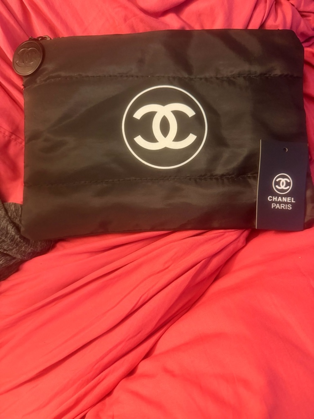 CHANEL Black Satin Quilted Pouch with Black CC Medallion Charm